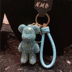 Sparkling Blue Bear Bag/Key Charm with Braided Strap